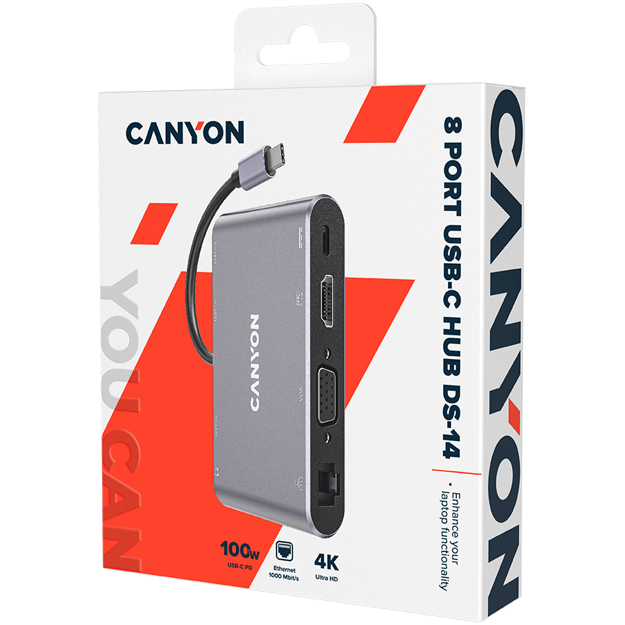 CANYON  8 in 1 USB C hub, with 1*HDMI: 4K*30Hz, 1*VGA, 1*Type-C PD charging port, Max 100W PD input. 3*USB3.0,transfer speed up to 5Gbps. 1*Glgabit Ethernet, 1*3.5mm audio jack, cable 15cm, Aluminum a-1