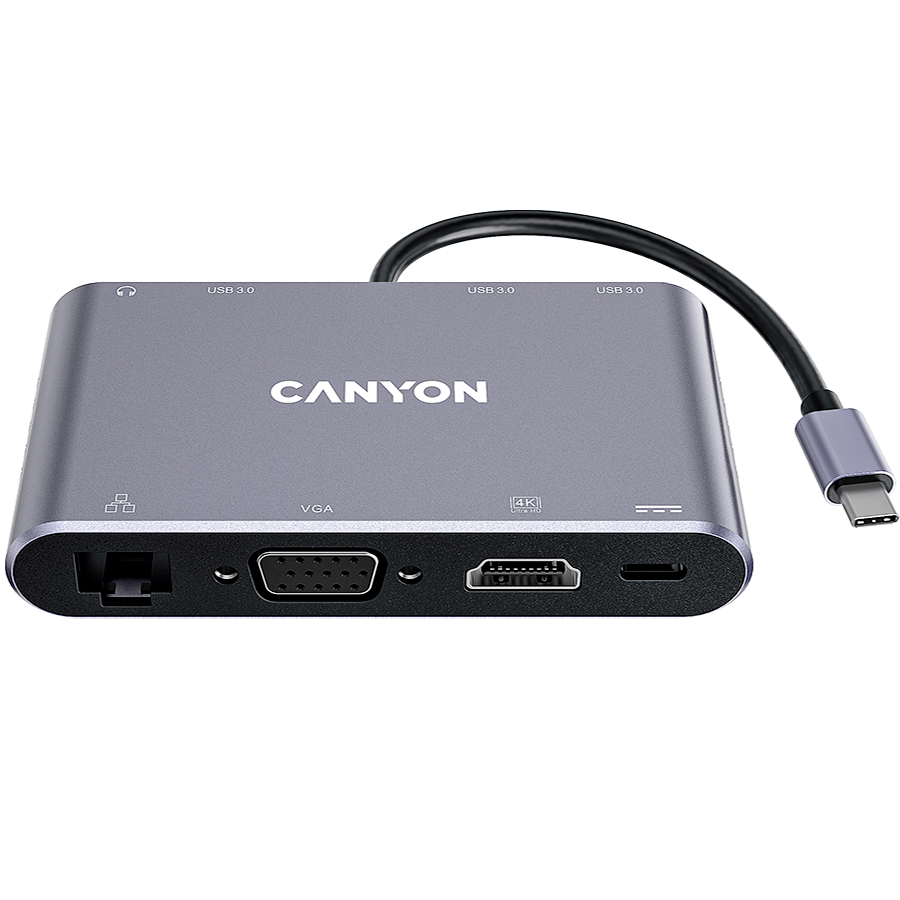 CANYON  8 in 1 USB C hub, with 1*HDMI: 4K*30Hz, 1*VGA, 1*Type-C PD charging port, Max 100W PD input. 3*USB3.0,transfer speed up to 5Gbps. 1*Glgabit Ethernet, 1*3.5mm audio jack, cable 15cm, Aluminum a-0