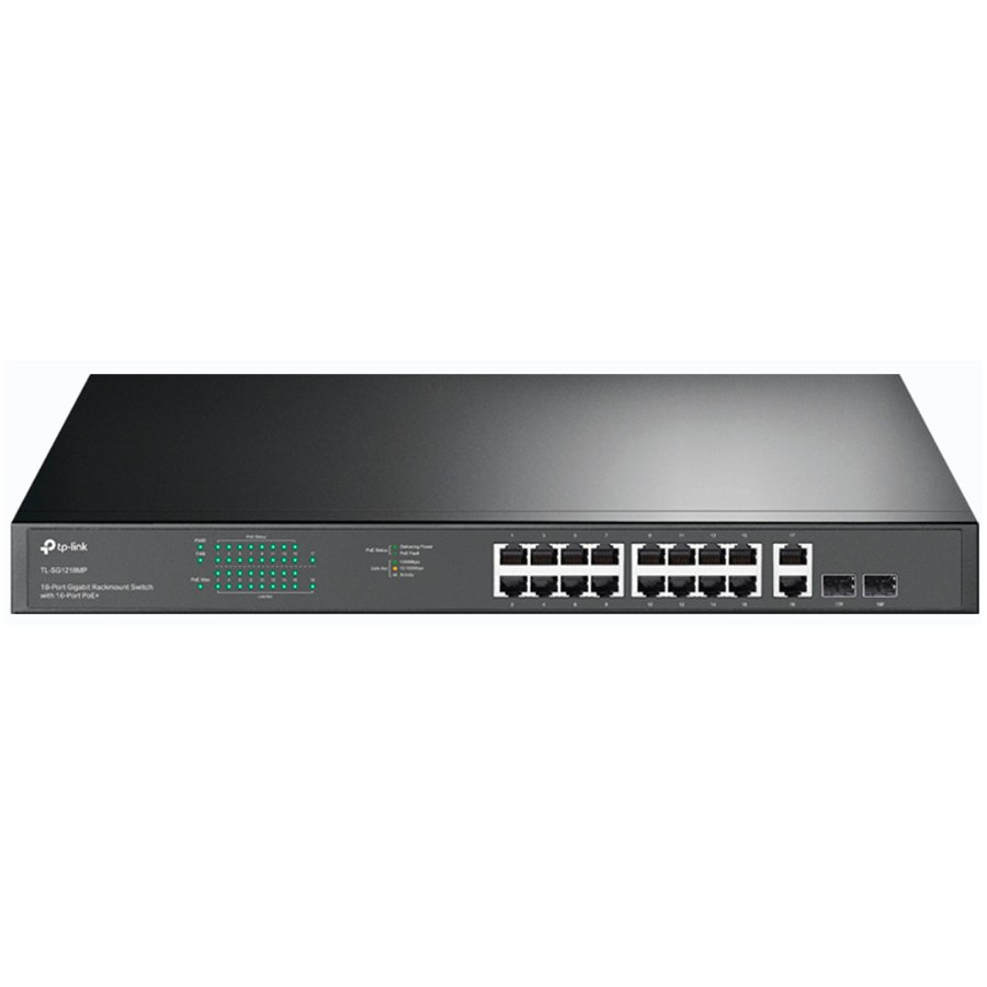 18-port gigabit Unmanaged switch with 16 PoE+ ports, 18 10/100/1000Mbps RJ-45 port, 2 combo SFP ports, compliant with 802.3af/at, 250W PoE budget, support 802.1p/DHCP QoS, plug and play, 1U 19-inch ra