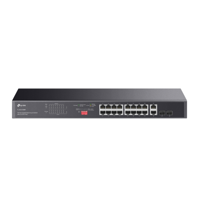 18-port gigabit Unmanaged switch with 16 PoE+ ports, 18 10/100/1000Mbps RJ-45 port, 2 combo SFP ports, compliant with 802.3af/at, 250W PoE budget, support 802.1p/DHCP QoS, plug and play, 1U 19-inch ra-3