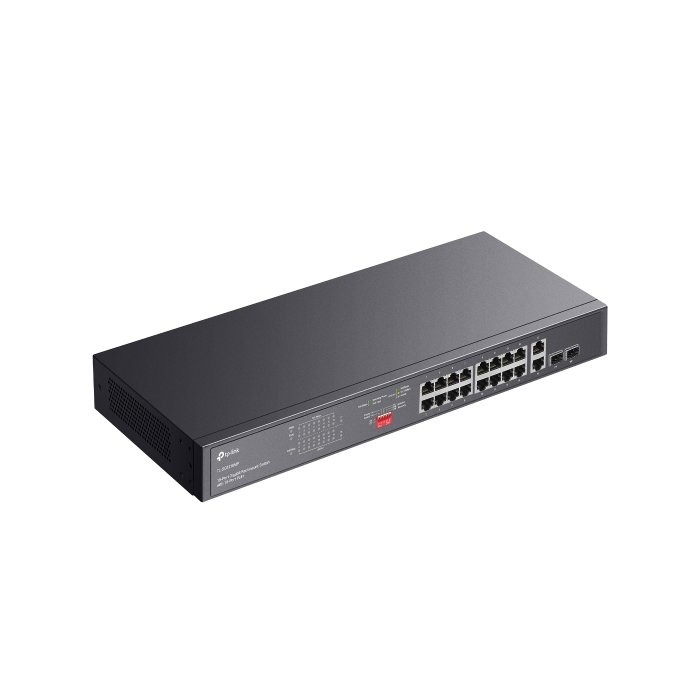 18-port gigabit Unmanaged switch with 16 PoE+ ports, 18 10/100/1000Mbps RJ-45 port, 2 combo SFP ports, compliant with 802.3af/at, 250W PoE budget, support 802.1p/DHCP QoS, plug and play, 1U 19-inch ra-6