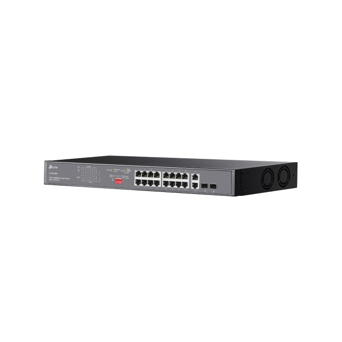18-port gigabit Unmanaged switch with 16 PoE+ ports, 18 10/100/1000Mbps RJ-45 port, 2 combo SFP ports, compliant with 802.3af/at, 250W PoE budget, support 802.1p/DHCP QoS, plug and play, 1U 19-inch ra-7
