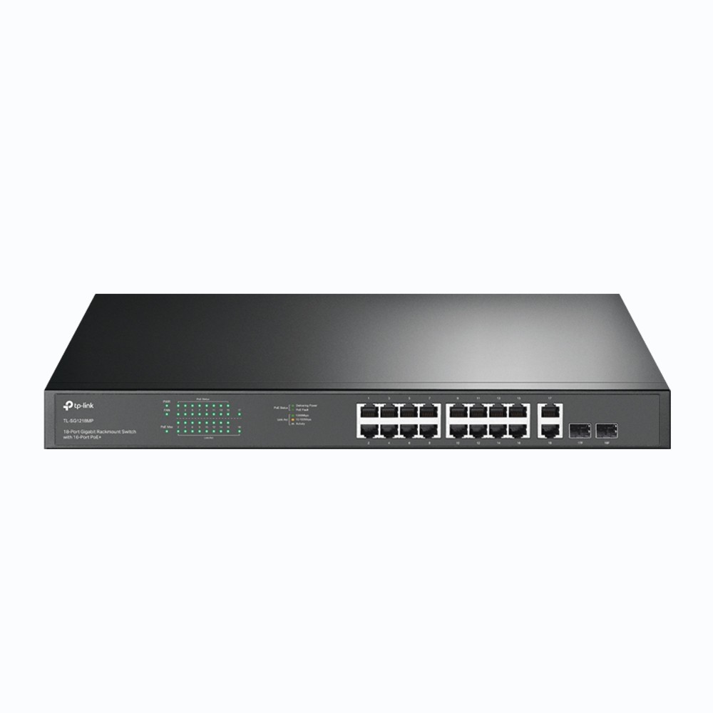 18-port gigabit Unmanaged switch with 16 PoE+ ports, 18 10/100/1000Mbps RJ-45 port, 2 combo SFP ports, compliant with 802.3af/at, 250W PoE budget, support 802.1p/DHCP QoS, plug and play, 1U 19-inch ra-1