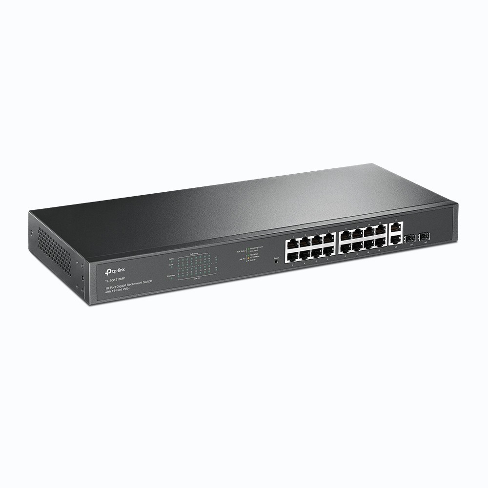 18-port gigabit Unmanaged switch with 16 PoE+ ports, 18 10/100/1000Mbps RJ-45 port, 2 combo SFP ports, compliant with 802.3af/at, 250W PoE budget, support 802.1p/DHCP QoS, plug and play, 1U 19-inch ra-2