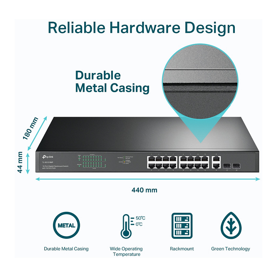 18-port gigabit Unmanaged switch with 16 PoE+ ports, 18 10/100/1000Mbps RJ-45 port, 2 combo SFP ports, compliant with 802.3af/at, 250W PoE budget, support 802.1p/DHCP QoS, plug and play, 1U 19-inch ra-13