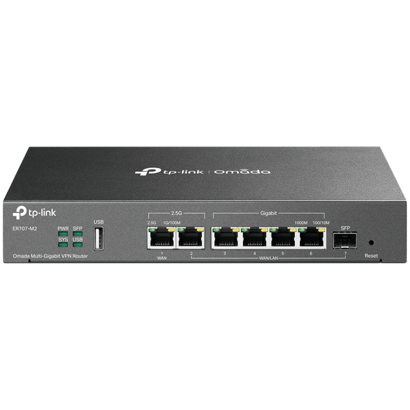 Omada Multi-Gigabit VPN RouterPORT: 1× 2.5G RJ45 WAN Port, 1× 2.5G RJ45 WAN/LAN Port, 1× Gigabit SFP WAN/LAN Port, 4× Gigabit RJ45 WAN/LAN Ports, 1× USB 2.0 portFEATURE: Integration with Omada SDN Con