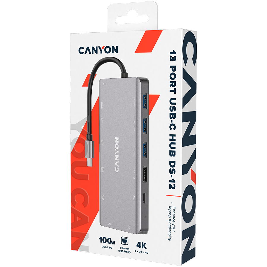CANYON 13 in 1 USB C hub, with 2*HDMI, 3*USB3.0: support max. 5Gbps, 1*USB2.0: support max. 480Mbps, 1*PD: support max 100W PD, 1*VGA,1* Type C data, 1*Glgabit Ethernet, 1*3.5mm audio jack, cable 15cm-1