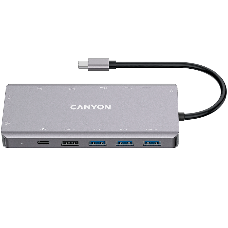 CANYON 13 in 1 USB C hub, with 2*HDMI, 3*USB3.0: support max. 5Gbps, 1*USB2.0: support max. 480Mbps, 1*PD: support max 100W PD, 1*VGA,1* Type C data, 1*Glgabit Ethernet, 1*3.5mm audio jack, cable 15cm-0
