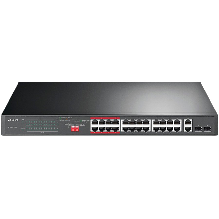Switch TP-LINK 24-port 10/100Mbps Unmanaged PoE+ (2 combo RJ-45/SFP uplink ports, metal case, rack mount, 802.3af/at compliant PoE+ ports)