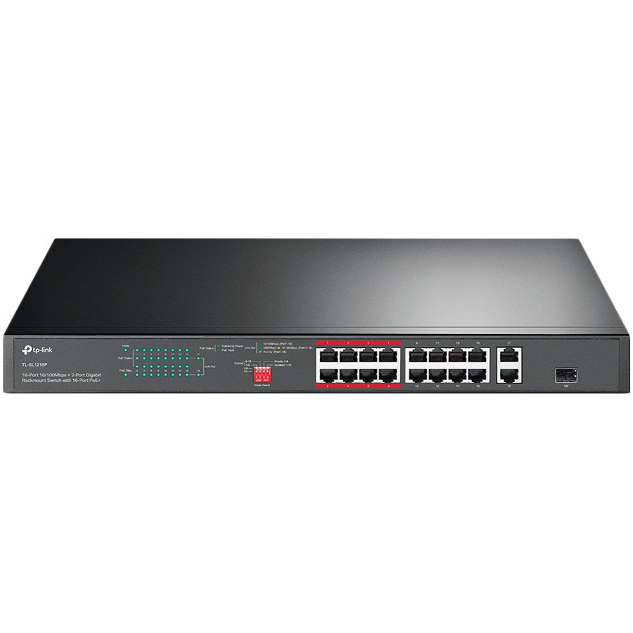 Switch TP-LINK 16-port 10/100Mbps + 2-port Gigabit unmanaged s 16 PoE+ portova, 150W PoE budget, podrška za 250m Extend Mode, priority mode i Isolation mode, rackmount, plug and play