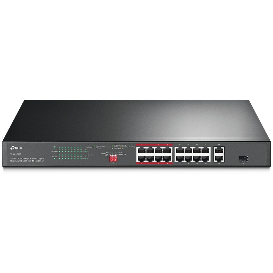 Switch TP-LINK 16-port 10/100Mbps + 2-port Gigabit unmanaged s 16 PoE+ portova, 150W PoE budget, podrška za 250m Extend Mode, priority mode i Isolation mode, rackmount, plug and play-1