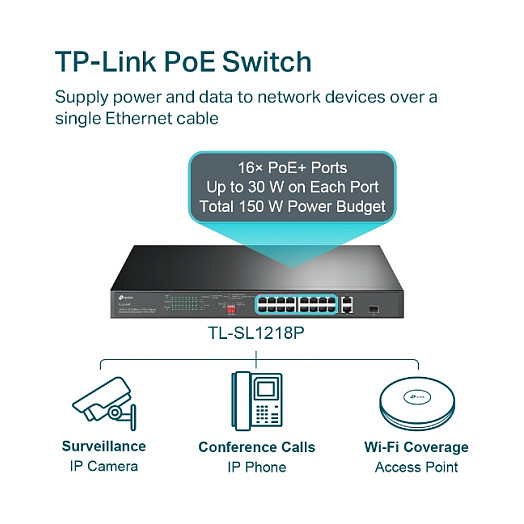 Switch TP-LINK 16-port 10/100Mbps + 2-port Gigabit unmanaged s 16 PoE+ portova, 150W PoE budget, podrška za 250m Extend Mode, priority mode i Isolation mode, rackmount, plug and play-4