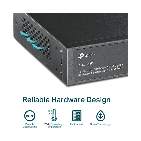 Switch TP-LINK 16-port 10/100Mbps + 2-port Gigabit unmanaged s 16 PoE+ portova, 150W PoE budget, podrška za 250m Extend Mode, priority mode i Isolation mode, rackmount, plug and play-8