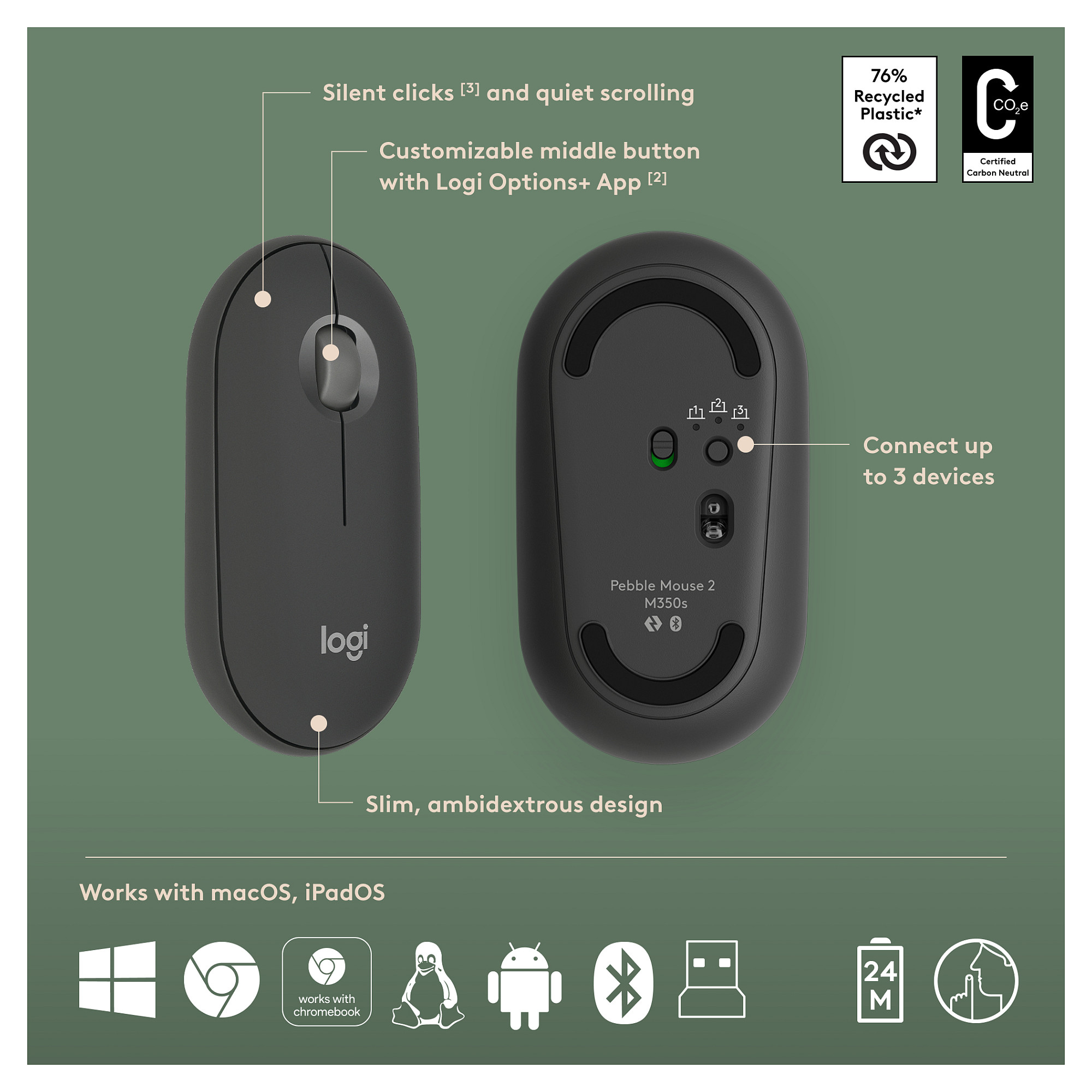 Bežični set LOGITECH Pebble 2 (Bluetooth, Tonal Graphite, US INTL)-14