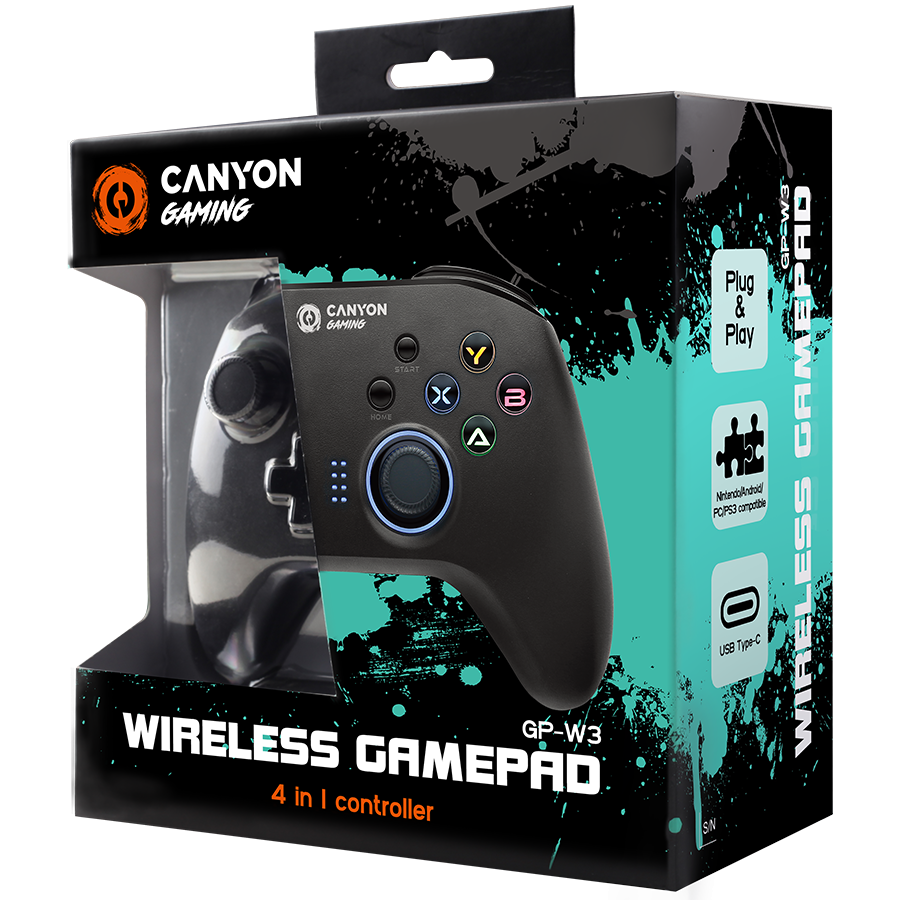 CANYON GP-W3 2.4G Wireless Controller with built-in 600mah battery, 1M Type-C charging cable ,6 axis motion sensor support nintendo switch ,android,PC X-input/D-input,ps3,normal size dongle,crna-3