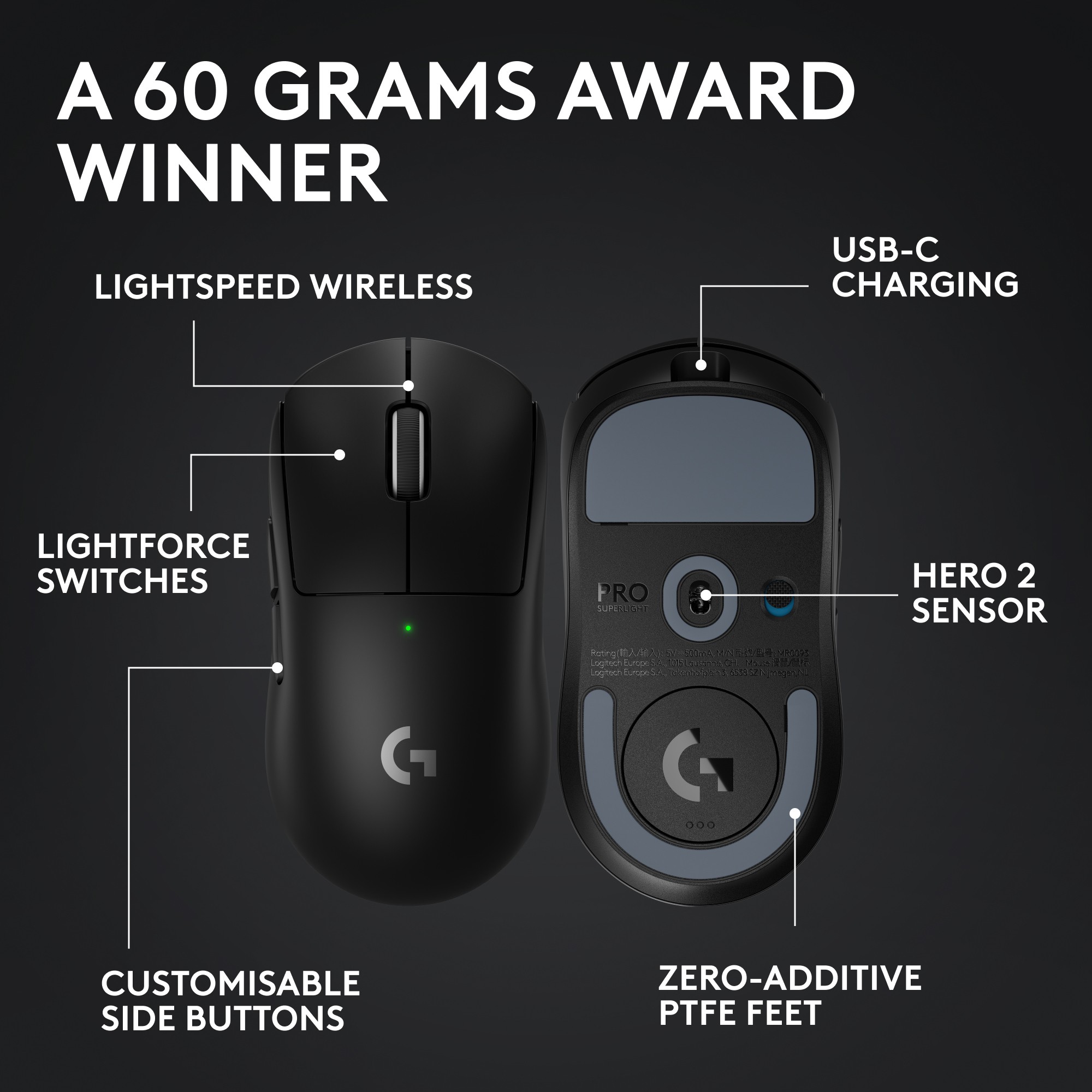 LOGITECH G PRO X SUPERLIGHT 2 LIGHTSPEED Gaming Mouse - BLACK - 2.4GHZ - EER2-9