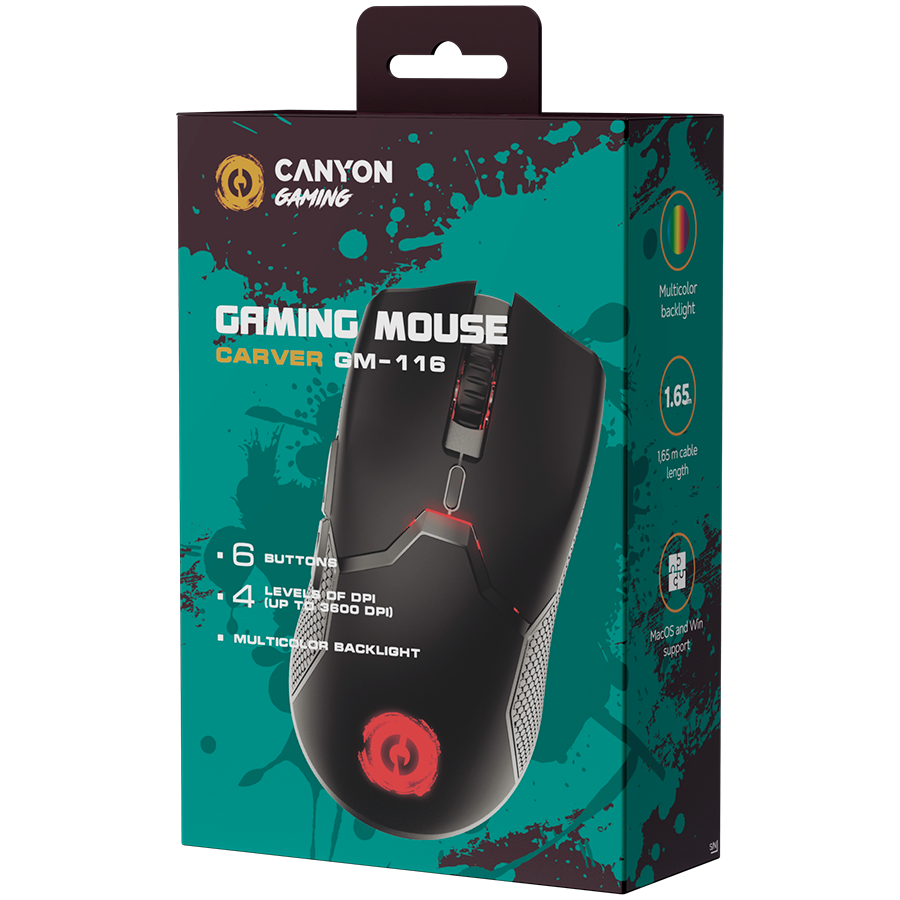 CANYON Carver GM-116,  6keys Gaming wired mouse, A603EP sensor, DPI up to 3600, rubber coating on panel, Huano 1million switch, 1.65M PVC cable, ABS material. size: 130*69*38mm, weight: 105g crna-5