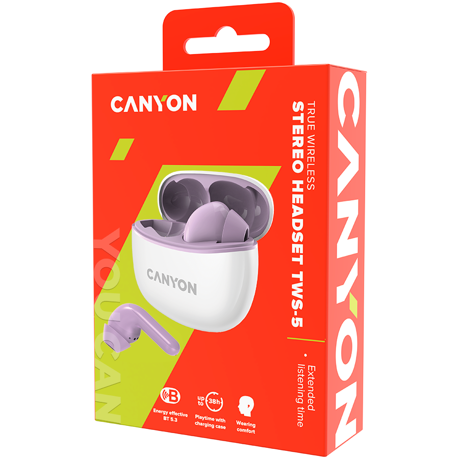 Canyon TWS-5 Bluetooth headset, with microphone, BT V5.3 JL 6983D4, Frequence Response:20Hz-20kHz, battery EarBud 40mAh*2+Charging Case 500mAh, type-C cable length 0.24m, size: 58.5*52.91*25.5mm, 0.03-4