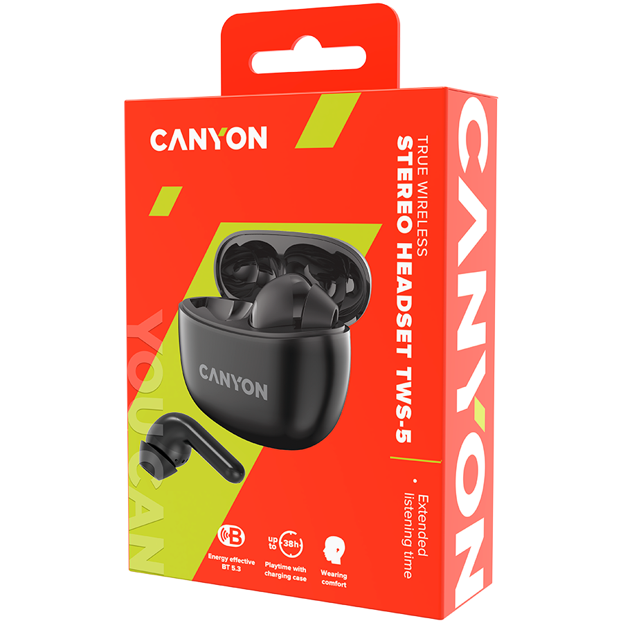 Canyon TWS-5 Bluetooth headset, with microphone, BT V5.3 JL 6983D4, Frequence Response:20Hz-20kHz, battery EarBud 40mAh*2+Charging Case 500mAh, type-C cable length 0.24m, size: 58.5*52.91*25.5mm, 0.03-4