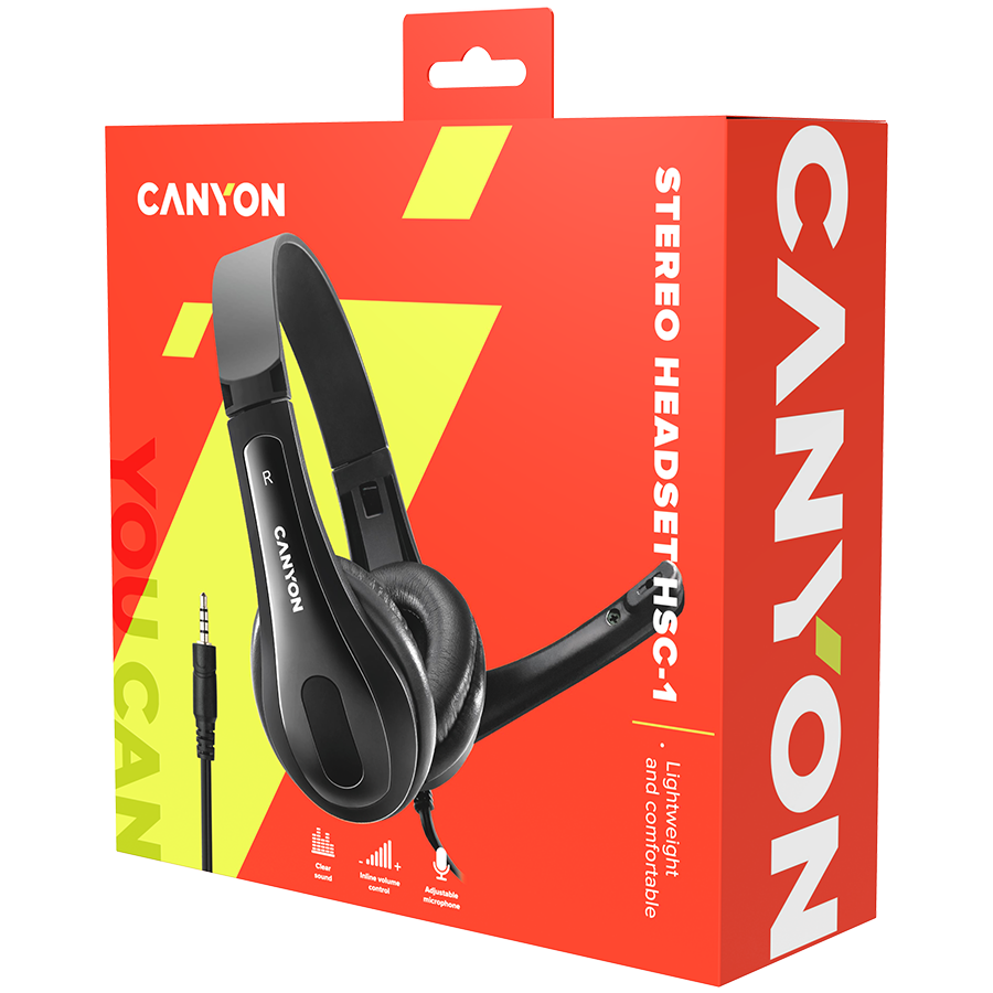 Slušalice CANYON entry price PC headset with microphone, combined 3.5mm plug, leather pads, Flat cable length 2.0m, 160*60*160mm, 0.13kg crna-5