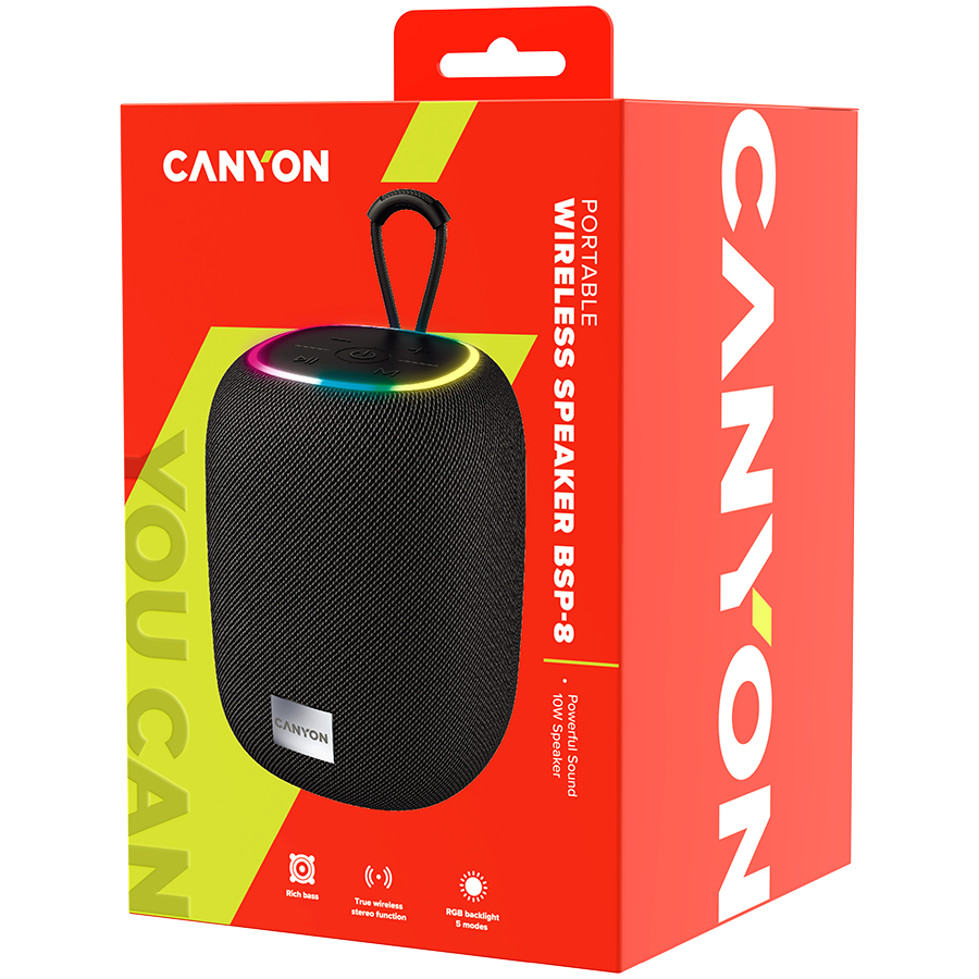 CANYON BSP-8, Bluetooth Speaker, BT V5.2, BLUETRUM AB5362B, TF card support, Type-C USB port, 1800mAh polymer battery, Max Power 10W crna, cable length 0.50m, 110*110*135mm, 0.57kg-1