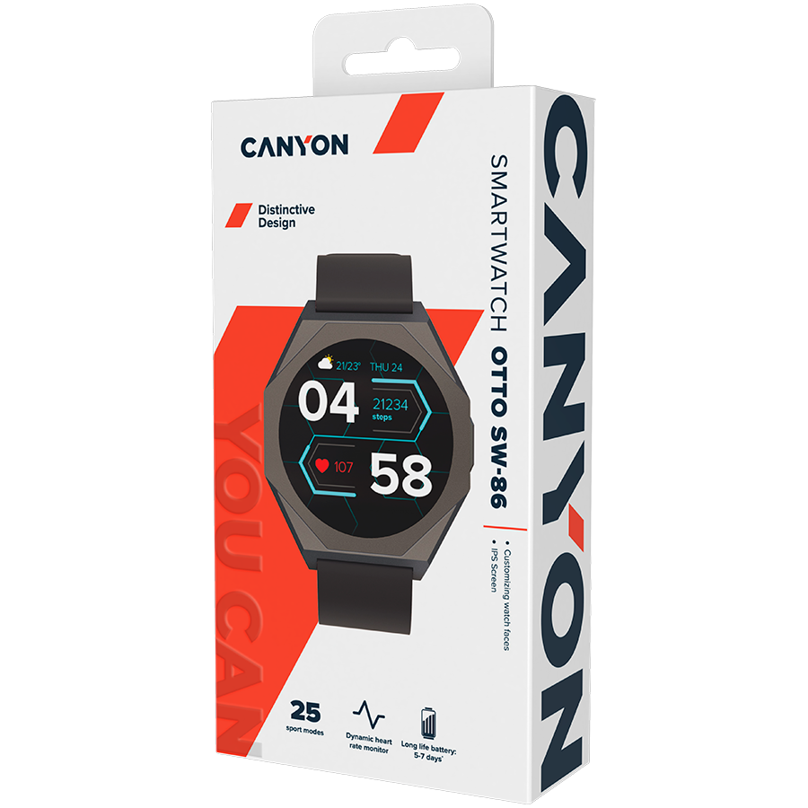Pametni sat CANYON Otto SW-86 (1.3", 360x360, 192 MB, 280 mAh, aluminij, crna silikon)-6