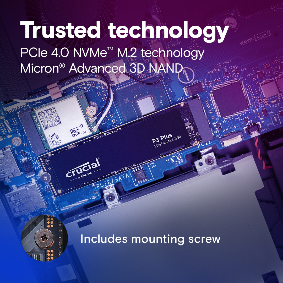 Crucial SSD P3 Plus 1000GB/1TB M.2 2280 PCIE Gen4.0 3D NAND, R/W: 5000/4200 MB/s, Storage Executive + Acronis SW included-5