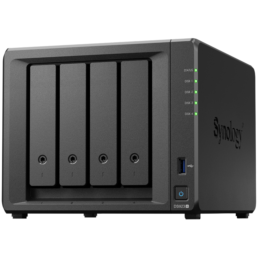 Synology DiskStation DS923+, Tower, 4-Bays 3.5 SATA HDD/SSD, 2 x M.2 2280 NVMe SSD slot, CPU AMD R1600 2-core 2.6 (base) / 3.1 (turbo) GHz, 4 GB DDR4 ECC, 2x RJ-45 1GbE LAN Port; 2x USB 3.2; eSATA p-0