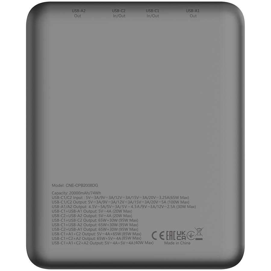 Power bank CANYON PB-2008 (20000 mAh, PD100W, QC3.0, USB Type C, Tamno siva)-5