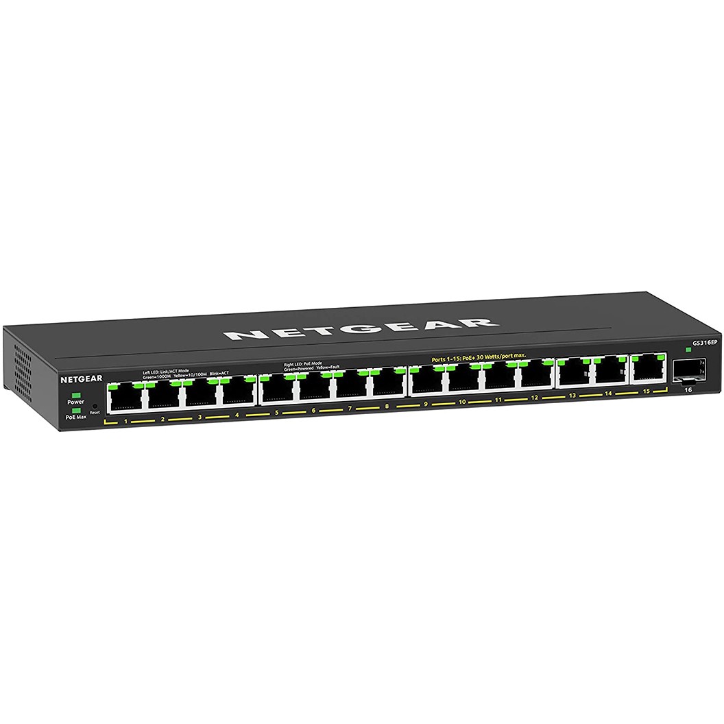 Switch NETGEAR 16PT GE PLUS SWCH W/ POE+ (Crna, 16 x RJ-45, 1 x SFP, Layer 2 i 3, Store and Forward)-0
