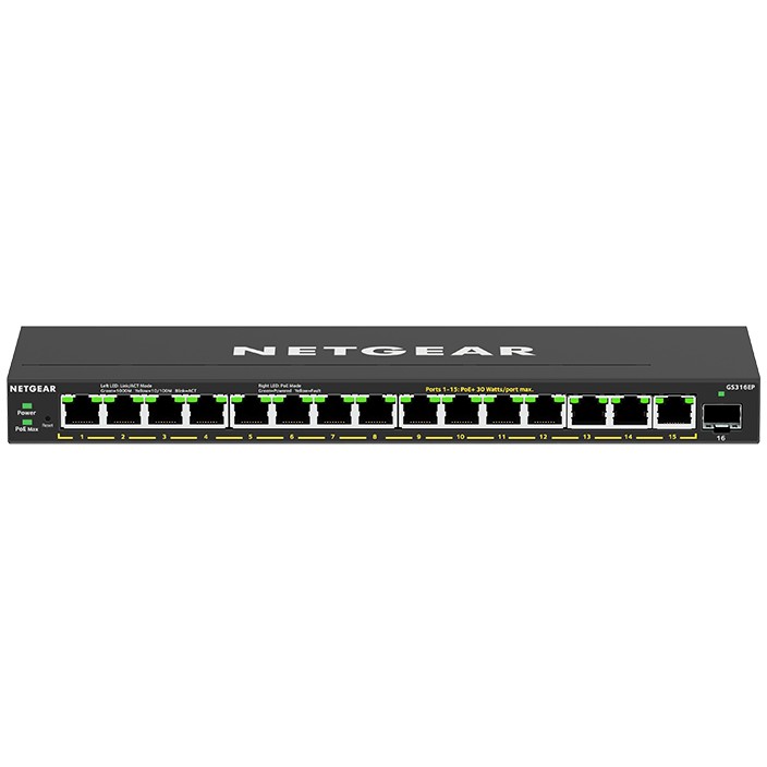 Switch NETGEAR 16PT GE PLUS SWCH W/ POE+ (Crna, 16 x RJ-45, 1 x SFP, Layer 2 i 3, Store and Forward)-1