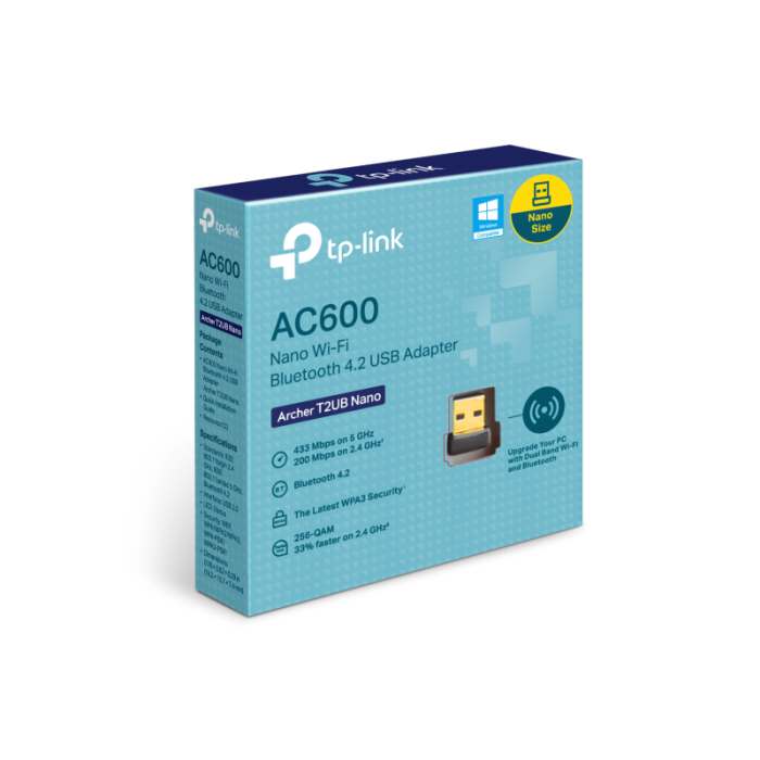 AC600 Nano Dual Band Wi-Fi Bluetooth 4.2 USB AdapterSPEED: 433 Mbps at 5 GHz + 200 Mbps at 2.4 GHzSPEC: USB 2.0FEATURE: Bluetooth 4.2-3
