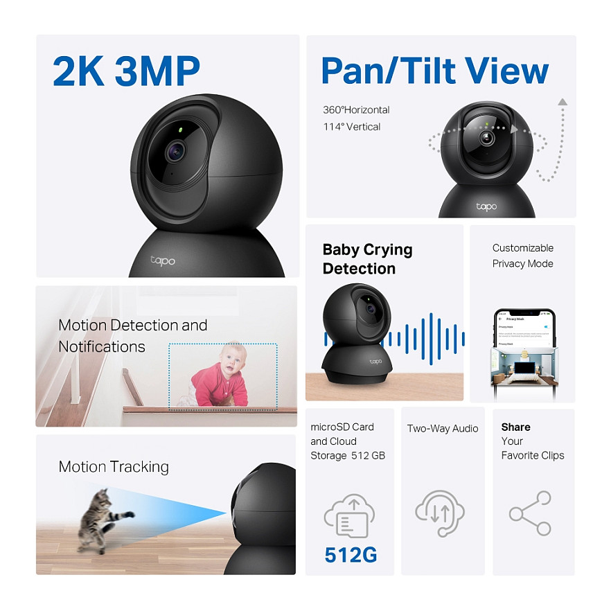 Nadzorna kamera TP-LINK Tapo C211 2K (IP, 3MP, IR, PT, AI detekcija, WiFi, žična, unutarnja, crna)-6