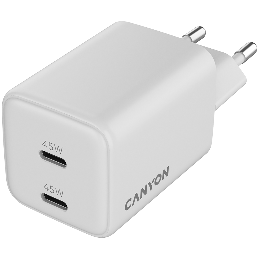 Punjač CANYON CU45CC GaN 45W (2x USB-C, bijeli, zaštita od prenapona, prekomjerne struje, kratkog spoja i pregrijavanja)-3