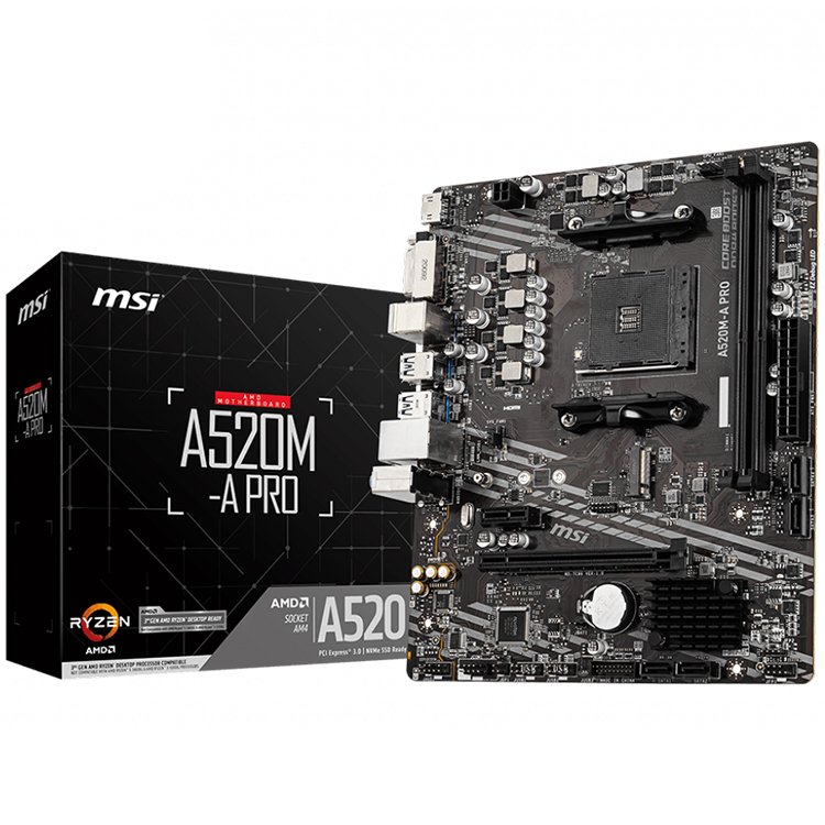 Main Board MSI A520M-A PRO (amd a520, socket am4, 2x ddr4, 1x pci-e 3.0 x16 slot, 1x m.2 slot, 4x usb 3.2 gen1, 2x usb 2.0, 1x hdmi, 1x dvi-d, gigabit lan, 7.1 hd audio, matx)