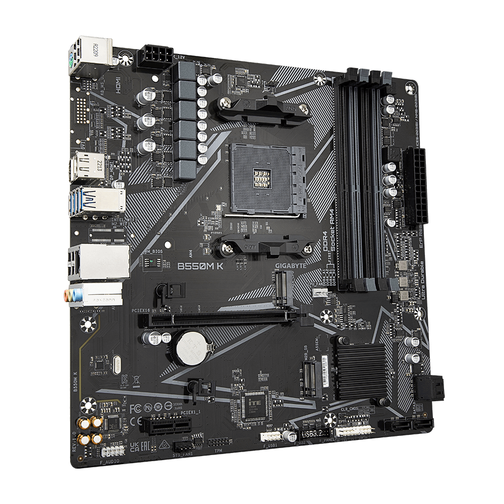 GIGABYTE MB B550 4 x DDR4 PCIe 3.0 2 x M.2 4 x SATA 1 x DisplayPort 1 x HDMI port Micro ATX-3