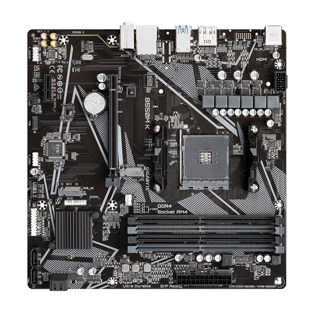 GIGABYTE MB B550 4 x DDR4 PCIe 3.0 2 x M.2 4 x SATA 1 x DisplayPort 1 x HDMI port Micro ATX-4