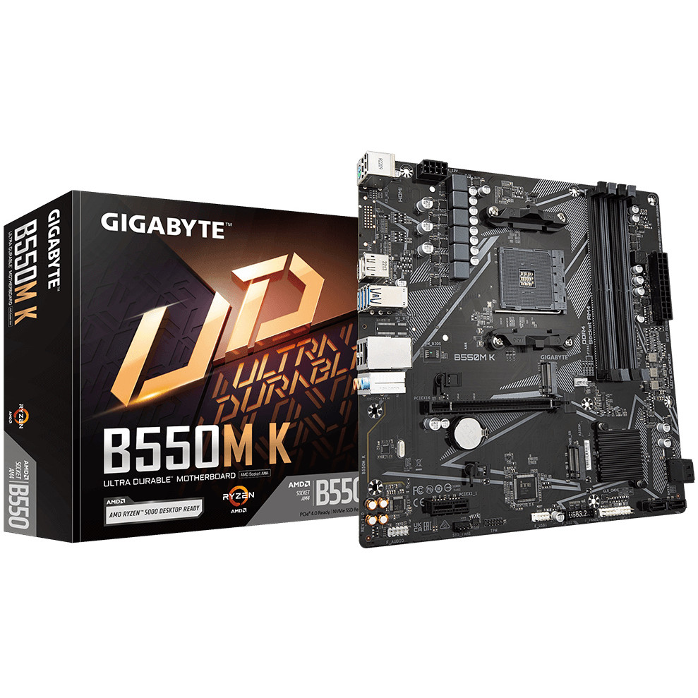 GIGABYTE MB B550 4 x DDR4 PCIe 3.0 2 x M.2 4 x SATA 1 x DisplayPort 1 x HDMI port Micro ATX-7