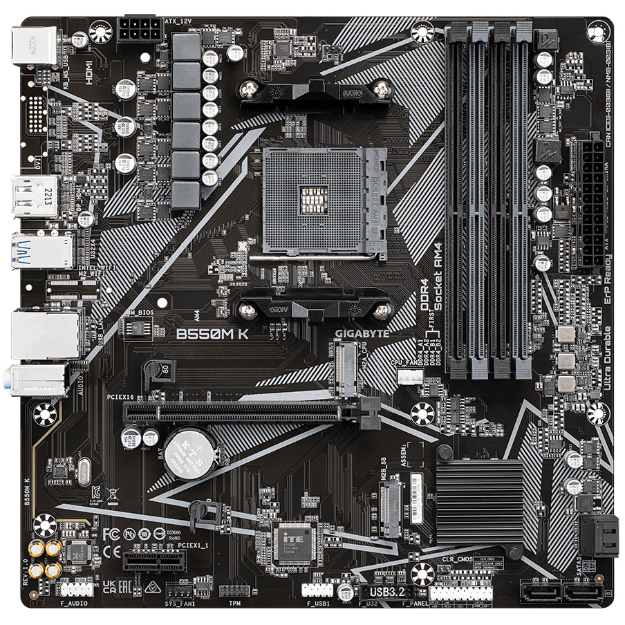 GIGABYTE MB B550 4 x DDR4 PCIe 3.0 2 x M.2 4 x SATA 1 x DisplayPort 1 x HDMI port Micro ATX-8