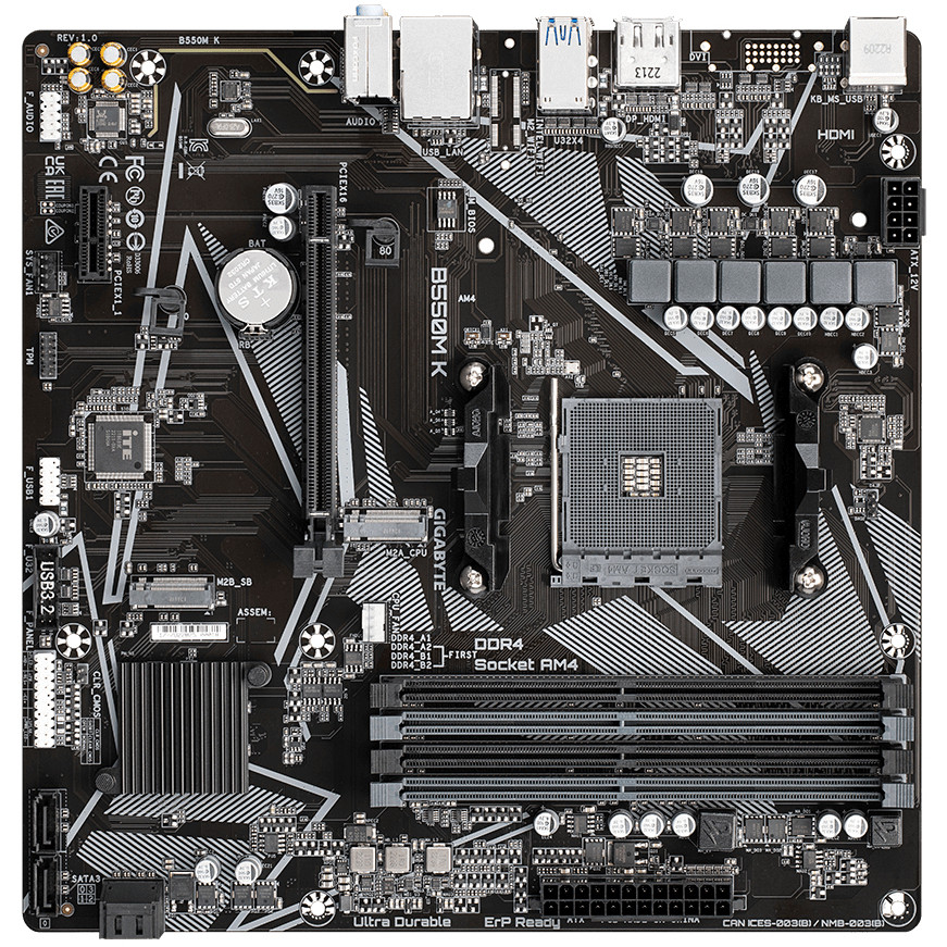 GIGABYTE MB B550 4 x DDR4 PCIe 3.0 2 x M.2 4 x SATA 1 x DisplayPort 1 x HDMI port Micro ATX-10
