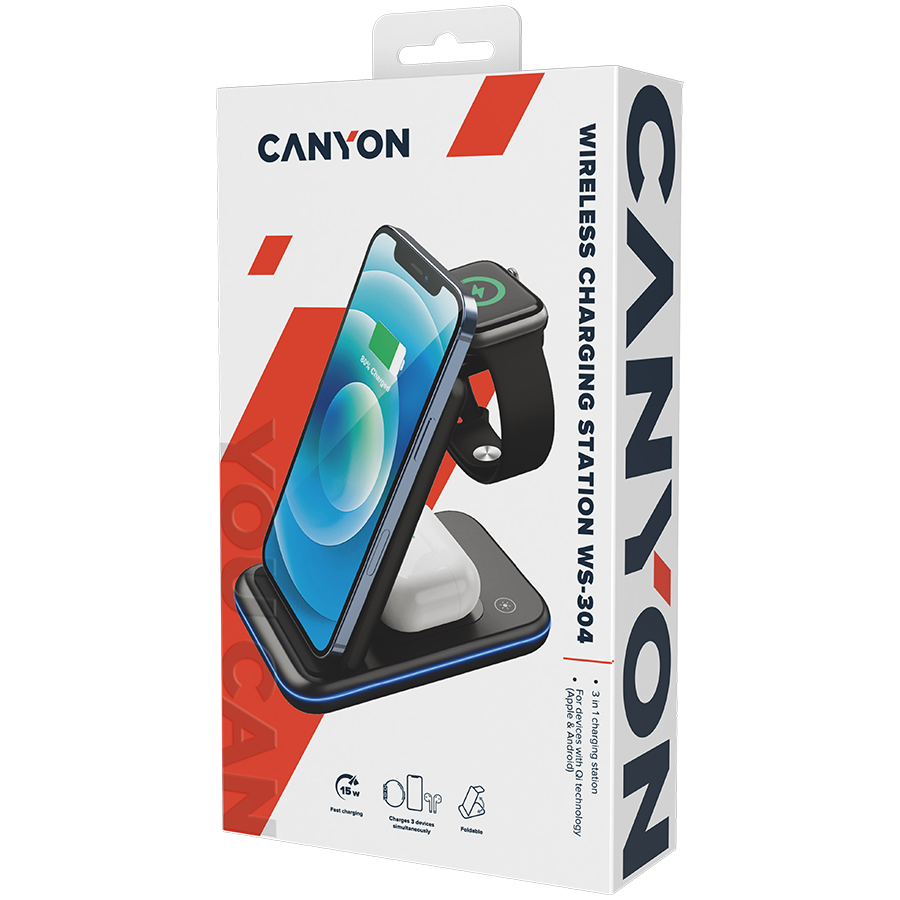 Bežični punjač CANYON WS-304 (15W, 3u1, crni, USB Type C, QC18W EU utikač)-8