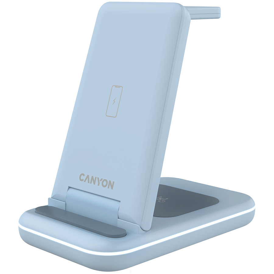 Bežični punjač CANYON WS-304 15W 3u1 (plavi, USB Type C, maksimalna izlazna snaga 15W, duljina kabela 1.2m, QC18W EU utikač)-1