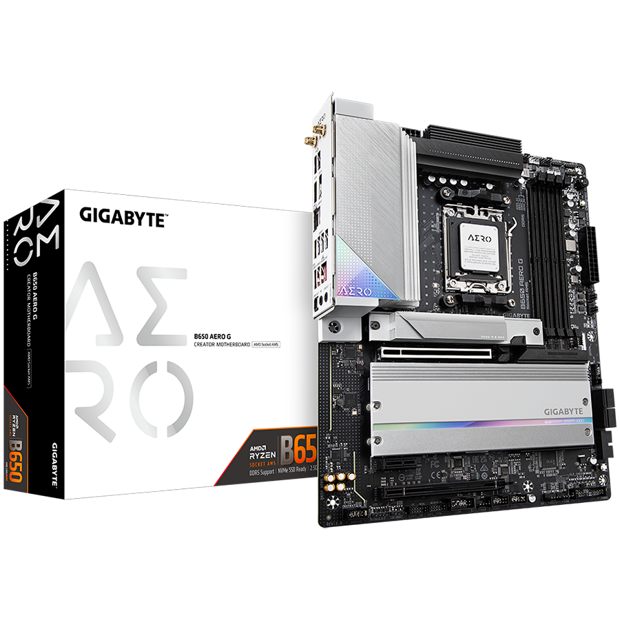 GIGABYTE Mainboard Desktop B650 AERO G (AM5, 4x DDR5 256GB, 1x PCI-E 4.0 x16x16, 1x PCI-E 4.0 x16x4, 1x PCI-E 3.0 x16x1, 1x M.2 PCIe 5.0, 2x M.2 PCIe 4.0, 4x SATA, 1x DP, 1x HDMI, 1x USB Type-C, 7x US-0