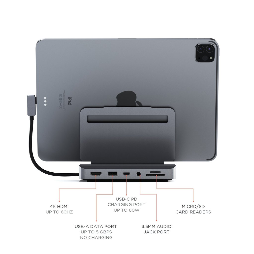 SATECHI Aluminium Stand & Hub za iPad Pro (USB-C PD do 60W, 4K HDMI(60Hz), USB-A, SDcard, audio 3.5mm) - Space Grey-5