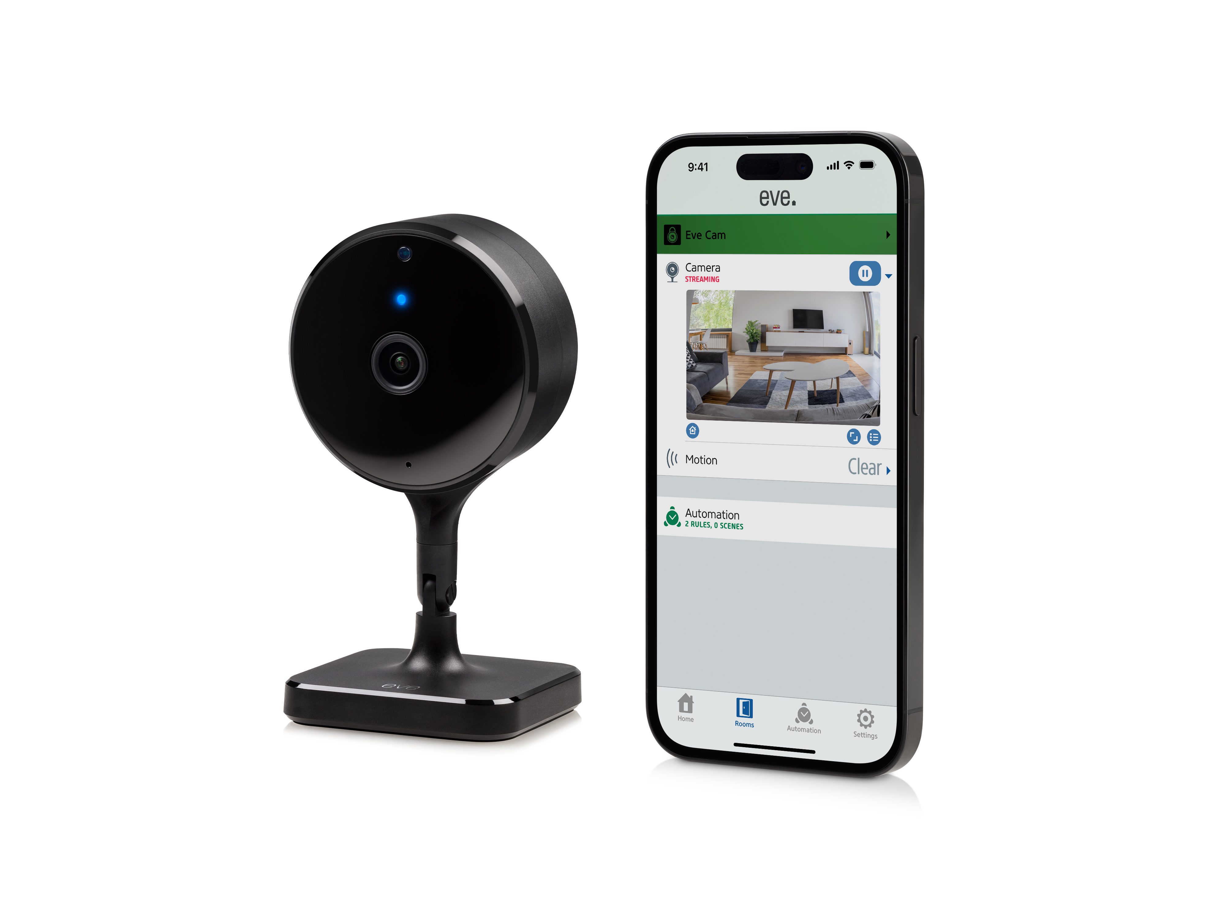 Pametna unutarnja kamera EVE Cam (1080p, 150°, noćni vid, Apple HomeKit, crna boja)-1