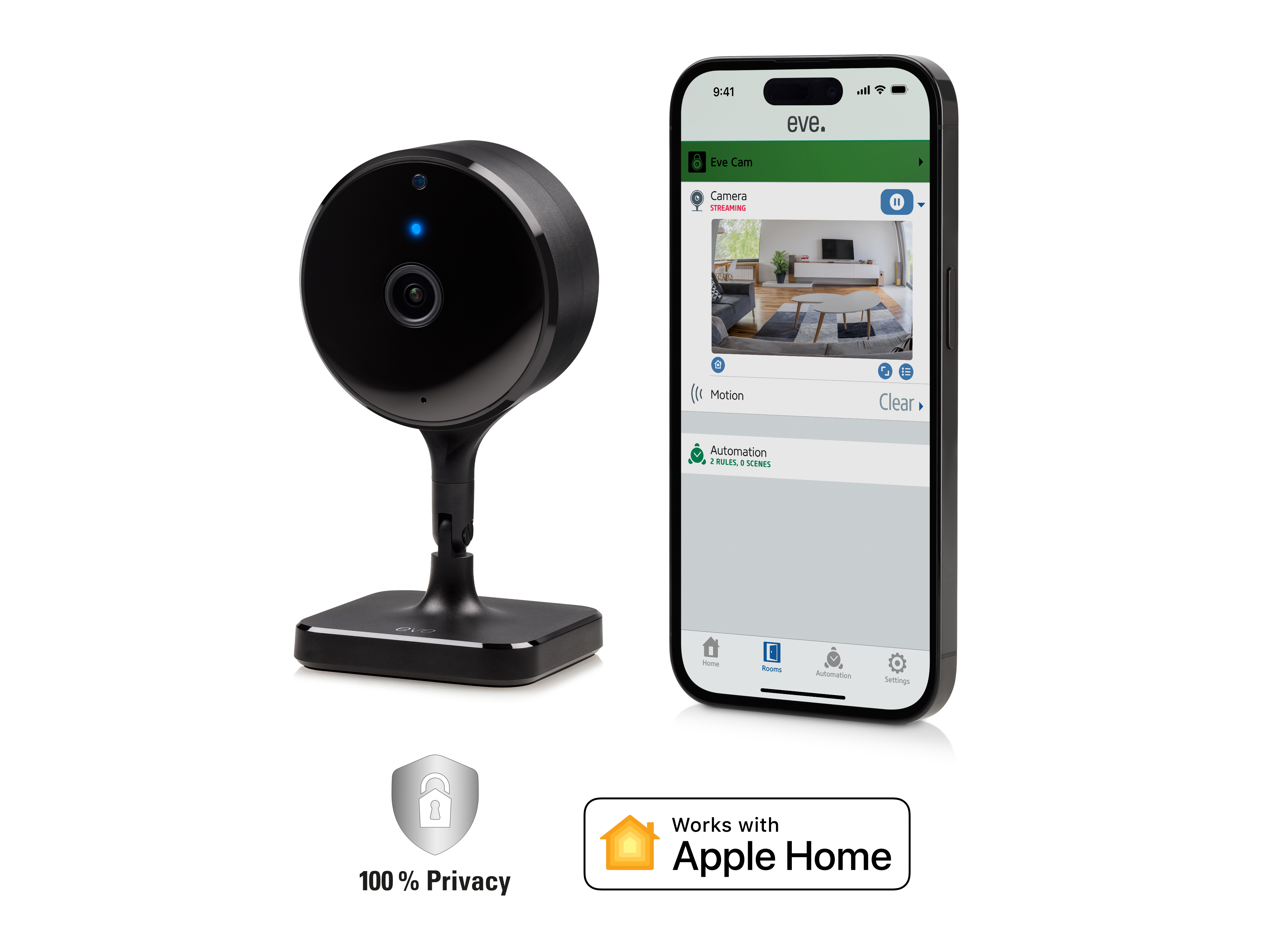 Pametna unutarnja kamera EVE Cam (1080p, 150°, noćni vid, Apple HomeKit, crna boja)-6
