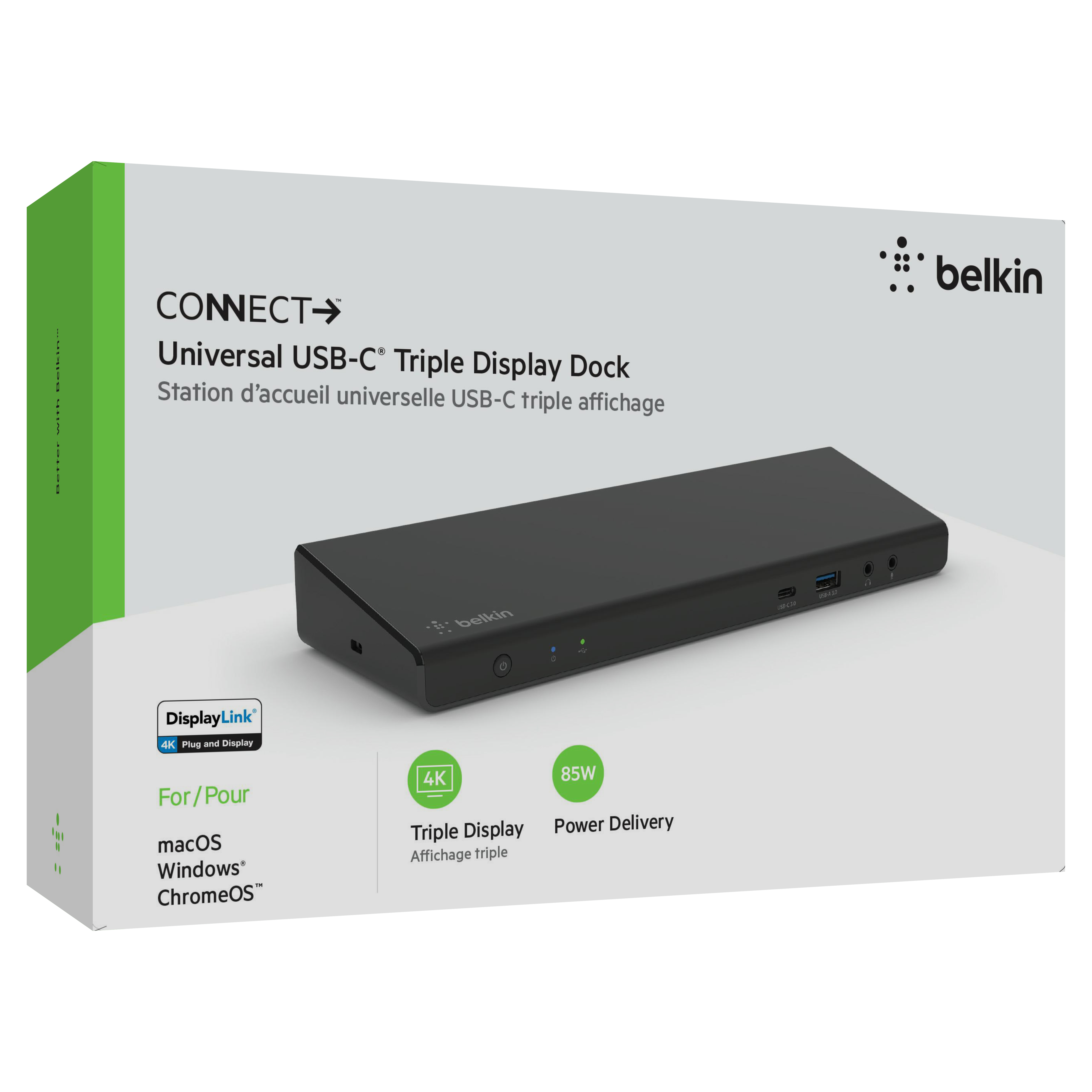 Belkin CONNECT USB C Display Link Dock, Triple display support up to 4K, HDMI, DP, USB C, USB A, GbE, Audio, PD 85w, Mac/PC/Chrome compatible - crna-6