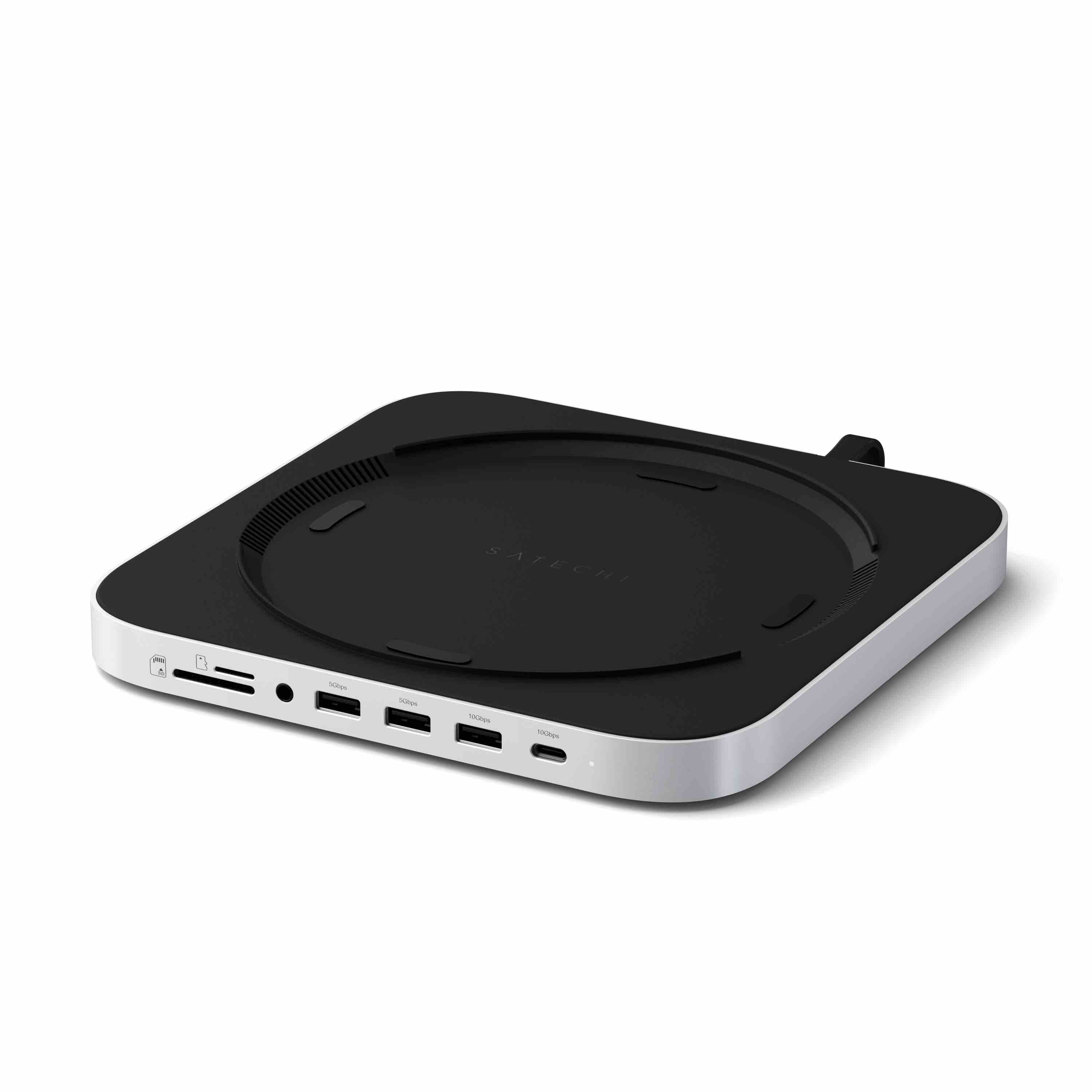 Satechi Stand & Hub For Mac Mini / Studio (1x USB-C 3.2, 1xUSB-A 3.2, 2x USB-A 3.0, 3.5mm Audio,1x Micro/SD, 1x NVMe/M.2 SATA SSD Enclosure Drive not included) - Silver-0
