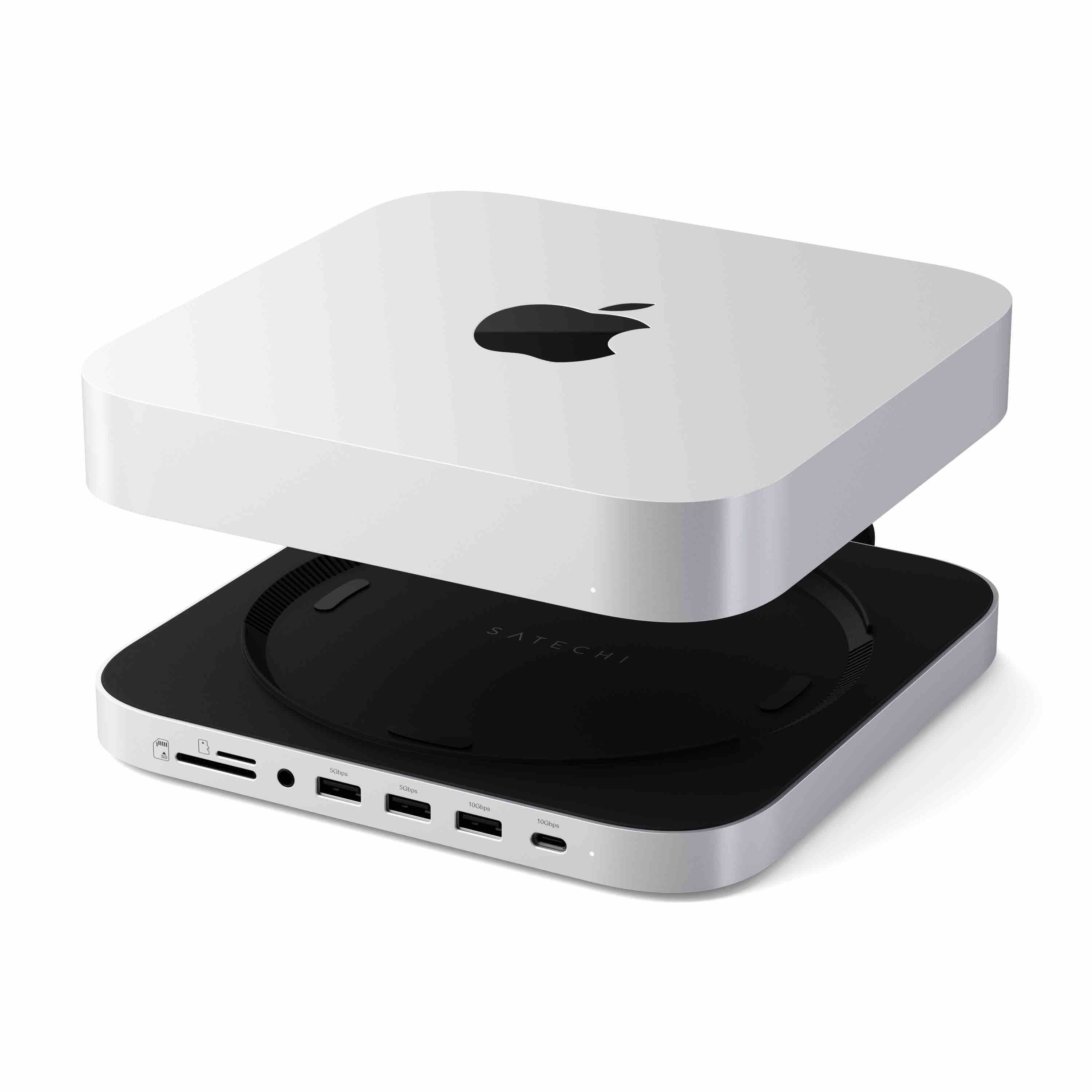 Satechi Stand & Hub For Mac Mini / Studio (1x USB-C 3.2, 1xUSB-A 3.2, 2x USB-A 3.0, 3.5mm Audio,1x Micro/SD, 1x NVMe/M.2 SATA SSD Enclosure Drive not included) - Silver-3