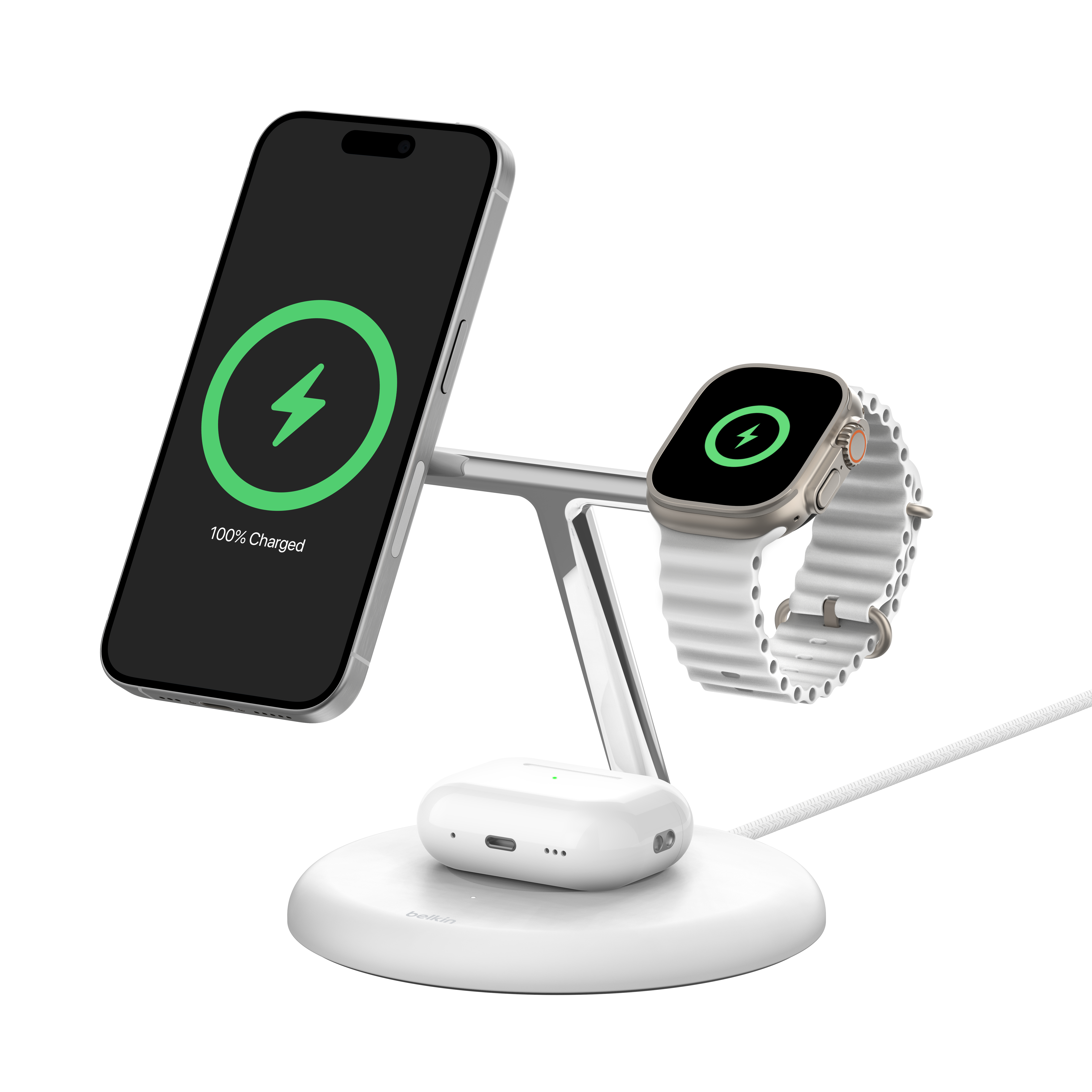 Belkin BOOST CHARGE 3-in-1 Magnetic Wireless Charging Stand with Qi2 15W - White-0